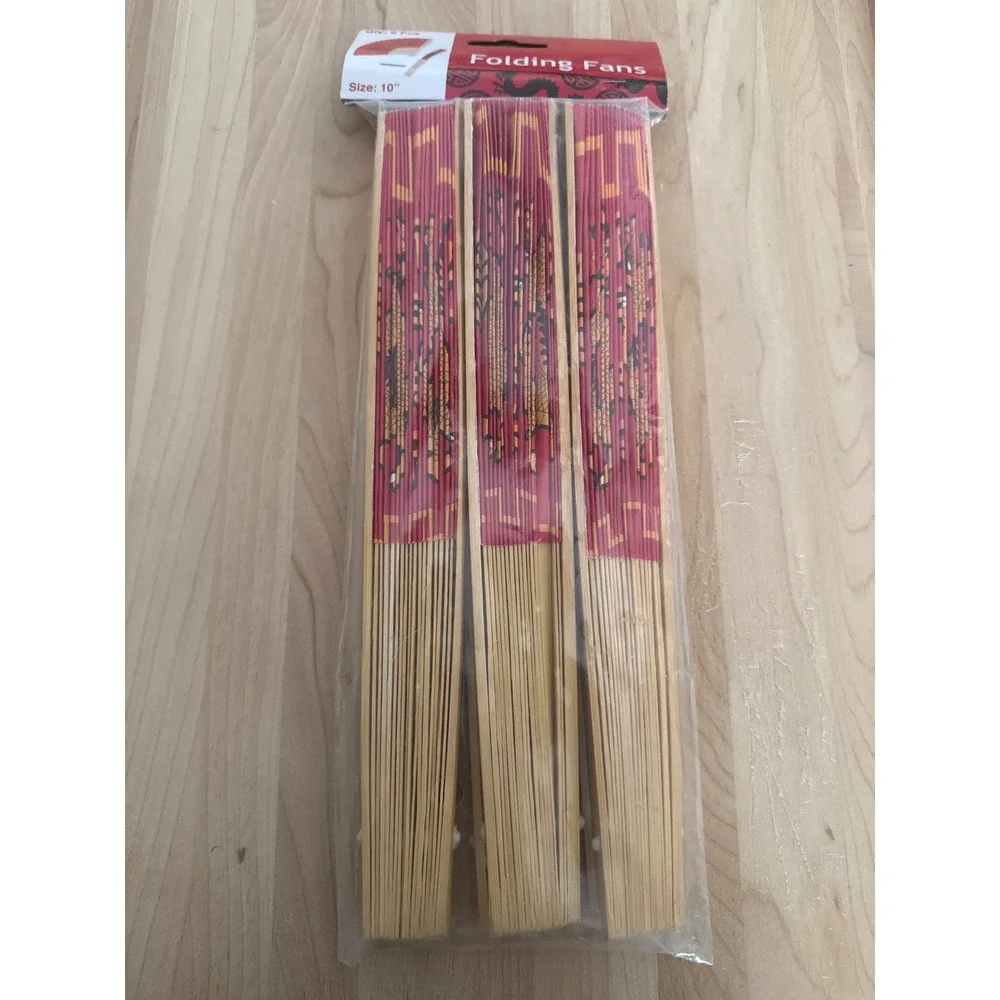 6 pack Chinese Dragon paper folding Hand Fans Red Gold Bamboo 10